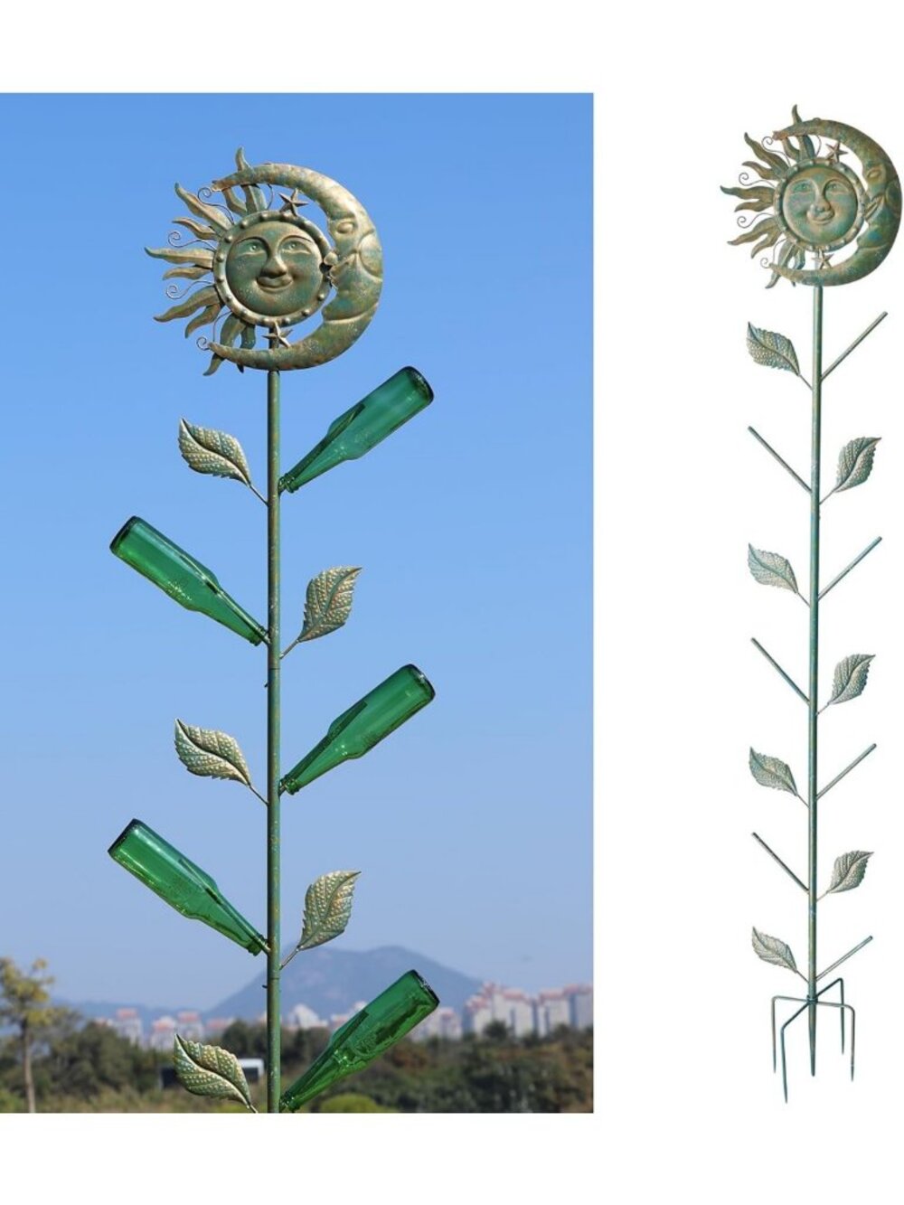71" Decorative Moon & Sun Face Glass Bottle Tree for Garden Party Decor